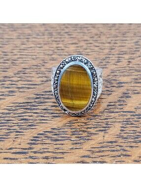 Sterling Silver Tiger’s Eye Marcasite Oval Statement Ring Size 7.5